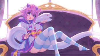 1girl 2025 artist_name binato_lulu chair chinese_new_year chinese_zodiac choker colored_skin d-pad hair_ornament indoors jacket neptune_(neptunia) neptune_(series) no_shoes open_mouth purple_eyes purple_hair red_eyes short_hair snake socks striped_clothes striped_legwear striped_socks white_skin year_of_the_snake