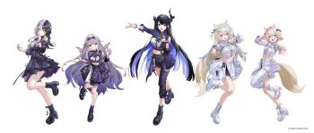 5girls absurdres animal_ears asymmetrical_clothes asymmetrical_horns bandaid bandaid_hair_ornament black_boots black_hair black_pants black_skirt blonde_hair blue_eyes blue_hair blue_hairband boots center-flap_bangs collared_shirt colored_inner_hair commentary_request copyright_notice cropped_shirt crossed_bangs crystal_wings detached_sleeves detached_wings dog_ears dog_girl dog_tail double-parted_bangs double_halo fake_horns flower full_body fuwawa_abyssgard gem grey_hair hair_between_eyes hair_flaps hair_intakes hair_ornament hairband hairclip halo heterochromia highres holoadvent hololive hololive_english hololive_idol_uniform_(color_rise) horn_flower horn_hairband horns idol idol_clothes jewel_under_eye koseki_bijou lace-up_boots long_hair low-tied_long_hair matsuura_kento metal_wings midriff mococo_abyssgard mole mole_under_eye multicolored_hair multiple_girls nerissa_ravencroft official_alternate_costume official_art pants pink_eyes pink_hair pink_hairband platform_boots pointy_ears puffy_detached_sleeves puffy_short_sleeves puffy_sleeves purple_eyes purple_gemstone purple_hair red_eyes red_hair shiori_novella shirt short_hair short_sleeves siblings sidelocks simple_background single_detached_sleeve single_pantsleg single_sleeve sisters skirt split-color_hair star_halo streaked_hair tail thigh_strap twins two_side_up uneven_horns very_long_hair virtual_youtuber white_background white_boots white_pants white_skirt wings x_hair_ornament yellow_eyes