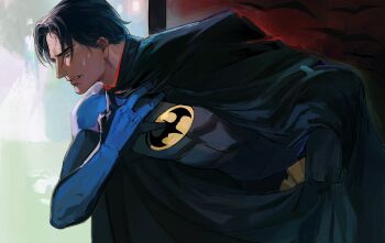 1boy bat_signal batman batman_(series) batman_symbol black_bodysuit black_cape black_hair blue_bodysuit bodysuit cape chippin7 dc_comics dick_grayson highres male_focus multicolored_bodysuit nightwing solo superhero_costume two-tone_bodysuit