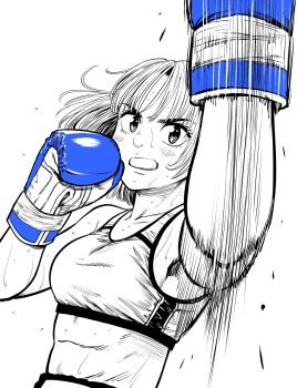 Rule 34 | 1girl, abs, blue gloves, boxing, boxing gloves, boxing shorts, breasts, commentary request, flying sweatdrops, gloves, hatching (texture), highres, lee (dragon garou), medium breasts, monochrome, motion lines, mouth guard, original, punching, shorts, solo, sports bra, spot color, sweat, uppercut, very sweaty