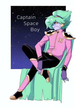 Rule 34 | 1boy, absurdres, blue gloves, blue skin, cape, captain spaceboy, character name, closed mouth, colored sclera, colored skin, commentary request, eyepatch, gloves, green cape, green hair, highres, long sleeves, male focus, official alternate hair color, omori, red eyes, short hair, smile, solo, yellow sclera, zabalam inana