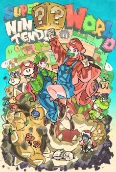 1-up_mushroom 4girls 6+boys ?_block agatsuma_zenitsu block_(object) blue_sky bob-omb boo_(mario) bowser bullet_bill chibi cloud coin cosplay egg everyone full_body gloves goomba hashibira_inosuke hat iguro_obanai jumping kamado_nezuko kamado_tanjirou kanroji_mitsuri kimetsu_no_yaiba kochou_shinobu koopa_troopa koopa_troopa_(cosplay) lakitu lakitu_(cosplay) logo long_hair luigi luigi_(cosplay) mario mario_(cosplay) mario_(series) multiple_boys multiple_girls nintendo pink_eyes piranha_plant purple_eyes red_eyes sharp_teeth short_hair sky star_(symbol) super_star_(mario) super_mushroom super_nintendo_world takeuchi_ryousuke teeth thwomp toad_(mario) toad_(mario)_(cosplay) tomioka_giyuu tsuyuri_kanao warp_pipe yoshi yoshi_(cosplay)