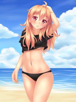 1girl ahoge arm_behind_head arm_up artist_self-insert beach bikini bikini_bottom_only black_bikini black_panties black_shirt blonde_hair blue_sky blush breasts cloud cloudy_sky cowboy_shot crop_top day female_focus hair_between_eyes hand_on_own_head head_tilt highres horizon long_hair looking_at_viewer medium_breasts navel no_bra no_pants nottytiffy ocean open_mouth orange_eyes original outdoors panties parted_lips red_eyes sand shirt short_sleeves sky smile solo stomach swimsuit t-shirt teeth thighs tiffy_(nottytiffy) underboob underwear very_long_hair water