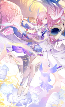 1girl 2girls absurdres bare_shoulders book breasts chinese_commentary closed_eyes commentary_request cyrene_(aedes_elysiae)_(honkai:_star_rail) cyrene_(honkai:_star_rail) cyrene_(ripples_of_past_reverie)_(honkai:_star_rail) diamond-shaped_pupils diamond_(shape) dress dual_persona flower hair_flower hair_ornament high_heels highres holding holding_book honkai:_star_rail honkai_(series) jewelry kather large_breasts long_hair mem_(honkai:_star_rail) multicolored_hair multiple_girls necklace open_mouth pink_hair pointy_ears purple_eyes smile solo symbol-shaped_pupils two-tone_hair very_long_hair white_dress white_hair