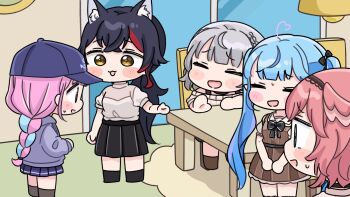 Rule 34 | 5girls, :d, animal ear fluff, animal ears, bare shoulders, black bow, black skirt, black socks, blue hair, blue skirt, blush stickers, bow, braid, breasts, brown dress, brown eyes, brown socks, chair, chibi, closed eyes, drawstring, dress, feathered wings, grey hair, grey hoodie, head wings, highres, hololive, hood, hood down, hoodie, indoors, long hair, medium breasts, minato aqua, mochimiko, multicolored hair, multiple girls, off-shoulder sweater, off shoulder, on chair, ookami mio, open mouth, own hands together, pink hair, pink wings, pleated skirt, puffy short sleeves, puffy sleeves, purple eyes, ribbed sweater, shirogane noel, shirogane noel (casual), shirt, short sleeves, skirt, small sweatdrop, smile, socks, streaked hair, sweat, sweater, table, takane lui, twintails, two-tone hair, very long hair, virtual youtuber, white shirt, white sweater, window, wings, wolf ears, yukihana lamy, yukihana lamy (casual)