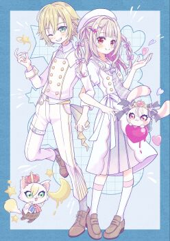 Rule 34 | 1boy, 1girl, 1me7nkc, aqua background, argyle clothes, argyle socks, belt, beret, blonde hair, blue border, blunt bangs, blush, border, bow, brown shoes, buttons, closed mouth, collared shirt, colored inner hair, commentary request, double-breasted, dress, flipped hair, floral print, full body, green eyes, grey hair, grey socks, grin, hair between eyes, hair bow, hair intakes, hair ornament, hair over shoulder, hair tie, hairpin, hand up, hat, heart, heart hair ornament, highres, loafers, locked arms, long hair, looking at viewer, makaino ririmu, mascot, multicolored hair, necktie, nijisanji, official alternate costume, official alternate hairstyle, one eye closed, outside border, pants, pink bow, pink hair, pink streaks, plaid clothes, plaid necktie, pleated skirt, pointy ears, puffy short sleeves, puffy sleeves, purple necktie, purple skirt, red eyes, ribbon, sailor collar, school uniform, shirt, shoelaces, shoes, short hair, short sleeves, side slit, sidelocks, skirt, skirt under dress, smile, socks, standing, standing on one leg, star (symbol), streaked hair, striped bow, thigh belt, thigh strap, two-tone hair, two side up, uzuki kou, virtual youtuber, waist ribbon, white belt, white dress, white hat, white pants, white ribbon, white sailor collar, white shirt, white socks, winged hair ornament, x hair ornament