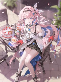 1girl ahoge bare_shoulders black_shoes black_skirt blue_hair breasts cake cake_slice coffee_mug colored_inner_hair commentary cup cupcake denia_(wuthering_waves) dessert dress flower food gloves hair_intakes hair_ornament highres long_hair looking_at_viewer macaron medium_breasts mug multicolored_hair parted_lips pink_hair purple_eyes red_gloves rose shoes sikisikiya sitting sitting_sideways skirt smile solo untranslatable_commentary white_dress wuthering_waves