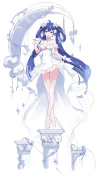 Rule 34 | 1girl, ahoge, bare shoulders, blue eyes, blue hair, breasts, cleavage, dress, earrings, gloves, highres, iuno (wuthering waves), jewelry, long hair, looking at viewer, medium breasts, multicolored hair, parted lips, revision, smile, solo, streaked hair, thighhighs, thighs, twintails, white dress, white gloves, white thighhighs, wuthering waves, youngjoo kjy