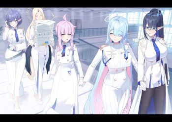 5girls ahoge aoi_(blue_archive) ayumu_(blue_archive) black_pantyhose black_wings blonde_hair blue_archive blue_eyes blue_hair blue_halo blue_necktie blunt_bangs braid braided_bun closed_eyes colored_inner_hair commentary_request earclip forehead_jewel general_student_council_president_(blue_archive) giga-tera gloves green_eyes hair_bun hair_over_one_eye halo highres holding_hands horizontal_pupils indoors kaya_(blue_archive) long_hair long_skirt long_sleeves mole mole_under_eye momoka_(blue_archive) multicolored_hair multiple_girls necktie pantyhose paper_stack pink_hair pointy_ears ponytail ribbed_skirt rin_(blue_archive) sidelocks single_braid skirt smile stairs two-tone_hair very_long_hair white_gloves white_skirt wings yellow_halo