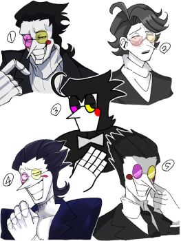 ahoge black_hair black_jacket blush bow bowtie colored_skin deltarune glasses gums hair_slicked_back heterochromatic_eyewear jacket long_nose male_focus multiple_boys necktie parody pointy_nose puppet round_eyewear shio_tou shirt short_hair simple_background smile spamton_g._spamton style_parody sweater teeth tinted_eyewear turtleneck turtleneck_sweater utdr_(toby_fox) white_bow white_bowtie yellow-tinted_eyewear