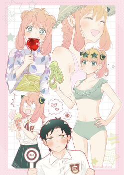 1boy 1girl absurdres aged_up anya_(spy_x_family) bikini black_hair braid breasts candy_apple commentary_request damian_desmond double_bun earrings eyewear_on_head food green_bikini green_eyes hair_bun hairpods hana_(hanauta1110) hand_on_own_hip heart highres holding holding_food holding_ice_cream holding_sign holding_water_gun ice_cream japanese_clothes jewelry kimono navel open_mouth pink_hair pleated_skirt ponytail school_uniform sign skirt small_breasts spoken_heart spoken_squiggle spy_x_family squiggle star-shaped_eyewear star_(symbol) star_earrings sunglasses sweatdrop swimsuit translation_request twitter_username water_gun wavy_mouth yukata