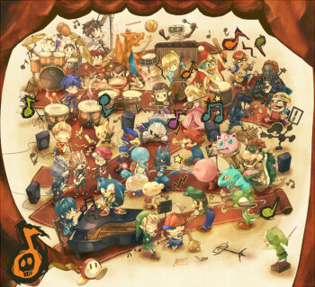 ! 00s 4girls 6+boys accordion band_(music) baseball_cap black_hair blonde_hair blue_hair bongo_drums bongos bowser bracer brown_hair cape captain_falcon captain_olimar chair charizard child closed_eyes conga_drums crown diddy_kong donkey_kong donkey_kong_(series) donkey_kong_country drum drum_set electric_guitar everyone f-zero falco_lombardi family_computer_robot fire_emblem fire_emblem:_mystery_of_the_emblem fire_emblem:_path_of_radiance flute fox_mccloud furry game_&amp;_watch ganondorf gen_1_pokemon gen_4_pokemon goggles goggles_on_headwear grand_piano guitar hat helmet holding ice_climber ice_climbers ike_(fire_emblem) instrument ivysaur jigglypuff keytar kid_icarus king_dedede kirby kirby_(series) link lucario lucas_(mother_3) luigi marimba mario mario_(series) marth_(fire_emblem) meta_knight metal_gear_(series) metroid metroid:_zero_mission monkey mother_(series) mother_2 mother_3 mr._game_&amp;_watch multiple_boys multiple_girls music musical_note nana_(ice_climber) ness_(mother_2) nintendo ocarina olimar orchestra piano pikachu pikmin_(creature) pikmin_(series) pit_(kid_icarus) playing_instrument pokemon pokemon_(creature) pokemon_frlg popo_(ice_climber) power_suit_(metroid) princess_peach princess_zelda red_(pokemon) red_(pokemon_frlg) red_carpet red_hair roy_(fire_emblem) samus_aran shirt sitting skin_tight solid_snake sonic_(series) sonic_the_hedgehog squirtle star_fox striped_clothes striped_shirt sui_(petit_comet) super_smash_bros. the_legend_of_zelda timpani toon_link trombone trumpet unworn_headwear varia_suit violin waddle_dee wand wario warioware wolf_o'donnell yoshi zero_suit
