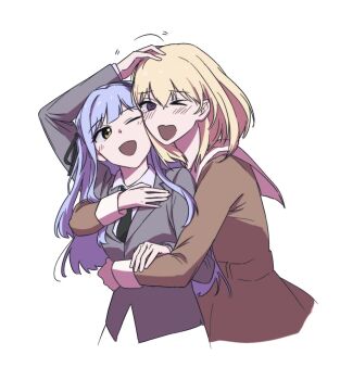 Rule 34 | > o, 2girls, bang dream!, bang dream! it's mygo!!!!!, blonde hair, blue hair, brown dress, commentary request, cowboy shot, dress, green necktie, green ribbon, grey jacket, hair ribbon, hanasakigawa school uniform, haneoka school uniform, headpat, highres, hug, hug from behind, jacket, long sleeves, medium hair, misumi uika, multiple girls, necktie, one eye closed, open mouth, purple eyes, ribbon, school uniform, sidelocks, simple background, tearing up, togawa sakiko, white background, xinyi6239222644, yellow eyes, yuri