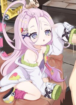 1boy 1girl absurdres aino_(genshin_impact) cum flat_chest genshin_impact hair_ornament handjob hetero highres loli long_hair nipples open_mouth penis watarurikka