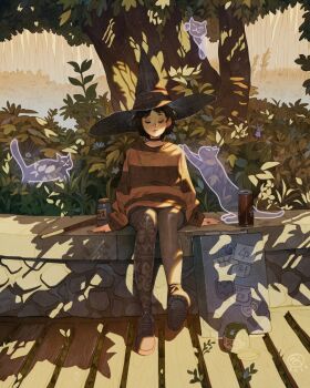 1girl artist_logo black_hair boardwalk box can cat choker closed_eyes cloud_tattoo commentary day donation_box drink_can english_commentary facing_viewer flower foliage ghost highres jar leg_tattoo logo long_sleeves nail_polish original outdoors pantyhose park runes shoes short_hair simz sitting skull_tattoo slice_of_life soda_can spider_web_tattoo stone_wall striped_clothes striped_sweater sweater tattoo tree wand