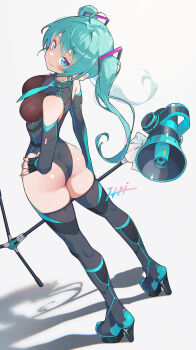 Rule 34 | 1girl, absurdres, ahoge, ass, black leotard, blue boots, blue eyes, blue hair, blue necktie, blush, boots, breasts, bridal gauntlets, commentary request, dot nose, elbow gloves, gloves, hair between eyes, hair ornament, hand on own hip, hatsune miku, highres, holding, holding microphone stand, itou kazuki, leotard, long hair, looking back, medium breasts, megaphone, microphone stand, multicolored boots, necktie, platform heels, ribbon, shadow, sidelocks, signature, simple background, skindentation, smile, thigh boots, two-tone boots, vocaloid, white background, white boots, white ribbon