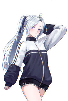 1girl a5235 ahoge arm_behind_head arm_up black_ribbon black_shorts blush closed_mouth commentary cowboy_shot english_commentary grey_hair hair_ribbon highres jacket korean_commentary long_hair long_sleeves looking_at_viewer multicolored_jacket parted_bangs ponytail puffy_long_sleeves puffy_sleeves purple_eyes ribbon short_shorts shorts simple_background sirian_rain sleeves_past_wrists solo thighs track_jacket two-tone_jacket virtual_youtuber waktaverse white_background white_hair zipper zipper_pull_tab