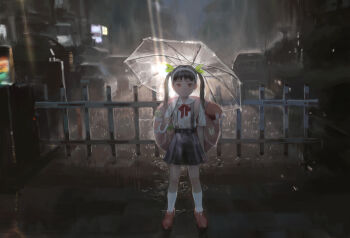 1girl absurdres backlighting bag bakemonogatari car collared_shirt commentary_request green_ribbon hachikuji_mayoi hair_ribbon hairband highres holding holding_umbrella jade_bracelet looking_at_viewer monogatari_(series) motor_vehicle neck_ribbon night outdoors pink_bag pink_shoes rain red_eyes red_ribbon ribbon school_uniform shirt shoes short_sleeves skirt socks solipsist solo standing suspender_skirt suspenders transparent transparent_umbrella twintails umbrella white_hairband white_shirt white_socks