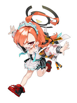 Rule 34 | 1girl, ahoge, apron, arms out to sides, black skirt, blue archive, braid, earrings, fangs, floral print, floral print jacket, frilled apron, frilled hairband, frills, hair ornament, hair over one eye, hair tie, hairband, halo, huge ahoge, jacket, jewelry, kogooma, maid headdress, mole, mole under eye, neru (blue archive), open clothes, open jacket, open mouth, orange hair, red eyes, running, school uniform, shirt, shoes, short hair, side braid, skirt, sneakers, solo, sukajan, white apron, white background, white shirt