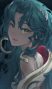 1girl absurdres bare_shoulders blue_hair commentary_request dark_background fang fang_out green_eyes highres hissabeth jacket long_hair looking_at_viewer milksays off_shoulder parted_lips portrait red_pupils reverse:1999 slit_pupils smile snake snake_on_head solo spaghetti_strap white_jacket