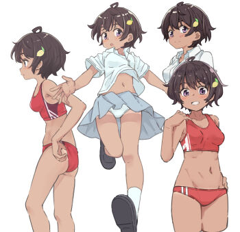 1girl absurdres black_hair buruma collared_shirt dark-skinned_female dark_skin dress_shirt feet_out_of_frame food-themed_hair_ornament full_body grey_skirt hair_ornament highres k-go lemon_hair_ornament looking_at_viewer lowleg lowleg_shorts make_heroine_ga_oo_sugiru! multiple_views panties pleated_skirt purple_eyes red_buruma red_sports_bra school_uniform shirt short_hair shorts simple_background skirt sports_bikini sports_bra tan tanline tsuwabuki_high_school_uniform underwear upper_body white_background white_panties white_shirt yakishio_lemon