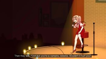 1girl ascot bar_(place) bar_stool blonde_hair brick_wall collared_shirt commentary english_text eyewear_on_head flandre_scarlet hand_on_own_knee highres holding holding_microphone mary_janes microphone one_side_up pointy_ears puffy_short_sleeves puffy_sleeves curtains red_footwear red_skirt red_vest shirt shoes short_hair short_sleeves silhouette sitting skirt smile socks stage stool symbol-only_commentary touhou vest white_shirt white_socks wings yellow_ascot yoruny