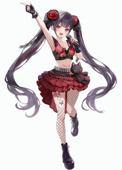 Rule 34 | 1girl, aria (ariacue), asymmetrical gloves, asymmetrical legwear, black gloves, black hair, black pantyhose, black ribbon, black shoes, black thighhighs, butterfly tattoo, cat, collarbone, commentary request, crop top, denkishiki karen ongaku shuudan, fingerless gloves, fishnet pantyhose, fishnet thighhighs, fishnets, flower, flower tattoo, gloves, hair flower, hair ornament, hair ribbon, highres, holding, holding microphone, karen (denkishiki karen ongaku shuudan), leather wrist straps, leg tattoo, long hair, merchandise available, microphone, midriff, navel, official art, open mouth, pantyhose, pleated skirt, red eyes, red flower, red rose, red skirt, ribbon, rose, shoes, simple background, single leg pantyhose, single thighhigh, skirt, solo, tattoo, thighhighs, twintails, uneven gloves, uneven legwear, very long hair, white background, wing tattoo, wrist straps