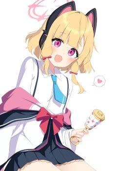 Rule 34 | 1girl, animal ear headphones, animal ears, black skirt, blonde hair, blue archive, blue necktie, blush, bow, cat ear headphones, cat ears, collared shirt, cowboy shot, fake animal ears, foulo paints, hair bow, halo, headphones, heart, highres, jacket, long sleeves, looking at viewer, momoi (blue archive), necktie, open mouth, pink halo, pleated skirt, red bow, red eyes, shirt, short hair, simple background, skirt, smile, solo, spoken heart, white background, white jacket, white shirt