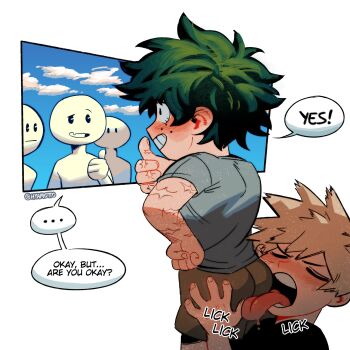 Rule 34 | ass, awkward, bakudeku, bakugou katsuki, bent over, blonde hair, blush, boku no hero academia, freckles, green hair, hyamotto, licking ass, midoriya izuku, nervous, public indecency, scar, shirt, shorts, smile, thumbs up, tongue, tongue out, window, yaoi