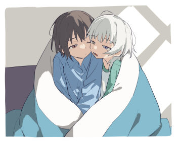 2girls ahoge bang_dream! bang_dream!_it&#039;s_mygo!!!!! blue_eyes blue_shirt border brown_eyes closed_mouth coldcat. commentary dress_shirt grey_hair heterochromia highres kaname_raana long_sleeves multiple_girls one_eye_closed open_mouth pajamas shared_blanket shirt short_hair symbol-only_commentary takamatsu_tomori under_covers white_border white_hair yellow_eyes yuri