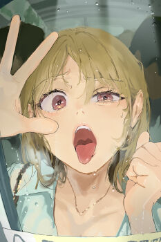 1girl against_glass blonde_hair crowded hand_on_glass highres jewelry looking_at_viewer necklace open_mouth original purple_eyes sekoshi_(some1else45) shirt solo_focus some1else45 tongue tongue_out train white_shirt window