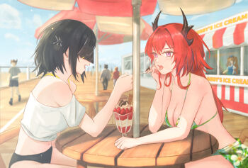 3girls angelina_(arknights) arknights arknights:_endfield bikini black_bikini black_hair black_horns blue_sky breasts chinese_commentary cleavage commentary_request demon_girl demon_horns endministrator_(arknights) eye_mask feeding female_endministrator_(arknights) food gilberta_(arknights) green_bikini green_sarong highres holding holding_spoon horns laevatain_(arknights) large_breasts long_hair mask multiple_girls open_mouth outdoors parfait people purple_eyes red_hair runyo_(yale12312) sarong shirt sky spoon surtr_(arknights) swimsuit very_long_hair white_shirt yuri