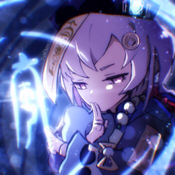 1girl bead_necklace beads chinese_clothes closed_mouth coin_hair_ornament crossed_wrists frost genshin_impact hair_ornament hat highres jewelry jiangshi junebuart looking_at_viewer necklace ofuda ofuda_on_head purple_eyes purple_hair qingdai_guanmao qiqi_(genshin_impact) talisman