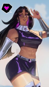 absurdres belt black_hair blackfire breasts bridal_gauntlets dc_comics earrings gem highres jewelry lips long_hair looking_at_viewer medium_breasts midriff miniskirt parted_bangs purple_eyes purple_gemstone purple_nails purple_skirt purple_tank_top realaop sidelocks skirt tamaranean tank_top teen_titans textless_version thick_thighs thighs