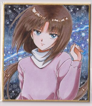 1girl after_war_gundam_x blue_eyes blunt_bangs brown_hair chikoto_(kztc4472) commentary gundam highres long_hair long_sleeves looking_at_viewer low_ponytail ponytail serious sidelocks solo tiffa_adill traditional_media upper_body
