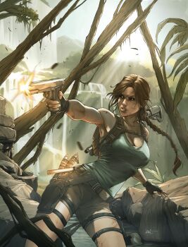 1girl breasts brown_eyes brown_gloves brown_hair brown_shorts commentary day dirty dirty_face english_commentary fingerless_gloves firing gloves green_tank_top gun handgun highres holding holding_gun holding_weapon holster illyne_cosplay lara_croft long_hair looking_to_the_side medium_breasts muzzle_flash outdoors ponytail short_shorts shorts signature solo standing tank_top thigh_holster tomb_raider tree weapon