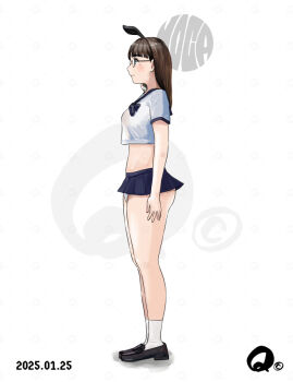 Rule 34 | 1girl, animal, animal on shoulder, arm at side, ass, bad proportions, black bow, black bowtie, black shoes, blunt bangs, bow, bowtie, breasts, brown hair, cat, cat on shoulder, dated, full body, glasses, long hair, mole, mole under eye, original, panties, profile, q98780409, shirt, shoes, socks, solo, standing, underwear, white panties, white shirt, white socks