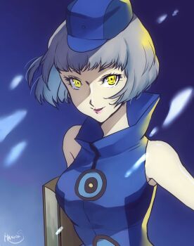 1girl artist_name bare_shoulders blue_dress blue_hat book breasts closed_mouth commentary_request dress elizabeth_(persona) hat highres holding holding_book looking_at_viewer maxrise_s medium_breasts persona persona_3 short_hair sleeveless sleeveless_dress smile solo white_hair yellow_eyes