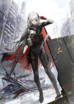 Rule 34 | 1girl, absurdres, black cape, black pants, black shirt, cape, commentary request, day, evelyn (neural cloud), eyepatch, full body, girls' frontline, girls' frontline neural cloud, gloves, grey hair, grey sky, gun, highres, holding, holding gun, holding weapon, holster, long hair, long sleeves, one eye covered, outdoors, pants, red eyes, red gloves, revision, shirt, shotgun, sky, solo, standing, thigh holster, tooka (10 t00), two-sided cape, two-sided fabric, weapon