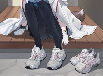 adjusting_footwear arknights black_pantyhose chuck_(harfmoondark) cloak commentary_request dirty feet foot_focus footwear_focus fox_tail gloves open_cloak open_clothes pantyhose shoes sitting sitting_on_stairs sneakers stairs sussurro_(arknights) tail unworn_shoes white_gloves white_shoes