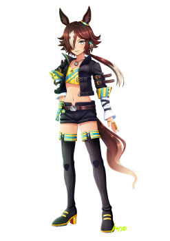 Rule 34 | 1girl, absurdres, animal ears, black boots, black jacket, black shorts, blush, boots, breasts, brown hair, commentary request, crop top, full body, hair over one eye, highres, horse ears, horse girl, horse tail, jacket, konsu (konsu1182da), long hair, long sleeves, looking at viewer, midriff, multicolored hair, navel, parted lips, ponytail, shirt, shorts, simple background, small breasts, smile, solo, stopwatch, stopwatch around neck, tail, thigh boots, umamusume, vodka (umamusume), vodka (wild top gear) (umamusume), watch, white background, white hair, yellow shirt