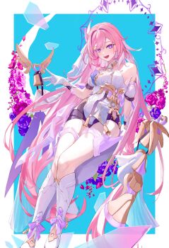 1girl :d absurdres aqua_background armpit_peek bare_shoulders bell black_shorts boots bridal_veil bright_pupils broken_glass clothing_cutout crescent diamond-shaped_pupils diamond_(shape) dress elysia_(herrscher_of_human:_ego)_(honkai_impact) elysia_(honkai_impact) flower full_body glass gloves hair_between_eyes hair_intakes highres hip_vent honkai_(series) honkai_impact_3rd knee_boots light_blush long_hair looking_at_viewer open_mouth pink_flower pink_rose purple_eyes purple_flower purple_ribbon purple_rose ribbon roena rose short_shorts shorts sidelocks sitting smile solo symbol-shaped_pupils veil very_long_hair white_background white_boots white_dress white_gloves white_pupils