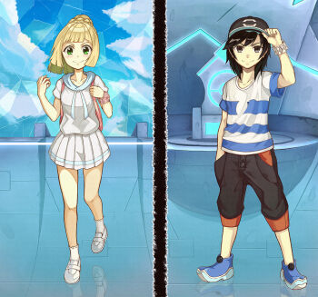 1boy 1girl bag baseball_cap black_eyes black_hair blonde_hair blue_sky blush braid closed_mouth cloud cloudy_sky day elio_(pokemon) floor full_body green_eyes hand_in_pocket hat hat_tip holding holding_poke_ball legs lillie_(pokemon) looking_at_viewer nintendo numazume poke_ball pokemon pokemon_battle pokemon_sm ponytail ponytail_with_braided_base reflection school_uniform serafuku shirt short_sleeves shorts skirt sky smile split_screen standing striped_clothes striped_shirt throne z-ring