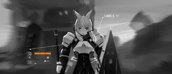 1girl 2542442836 animal_ears arknights armor breastplate english_text gameplay_mechanics greyscale heads-up_display headset health_bar highres holding holding_shield horse_ears horse_girl implied_extra_ears long_hair looking_at_viewer monochrome nearl_(arknights) pauldrons polearm shield shoulder_armor sidelocks solo user_interface weapon