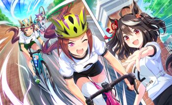4girls ^^^ ahoge animal_ears artist_request bare_arms bare_legs ben-day_dots bicycle bicycle_helmet black_hair black_shorts bow breasts broken brown_hair brown_helmet cloud crying day determined dirty dirty_clothes dot_nose ear_covers ear_ribbon emphasis_lines expressive_hair eyelashes eyes_visible_through_hair fingernails floating_hair flower flower-shaped_pupils forehead game_cg gate green_helmet green_shoes green_shorts hair_between_eyes hair_flower hair_ornament hair_through_headwear happy helmet highres holding horse_ears horse_girl horse_tail kitasan_black_(umamusume) large_breasts leaning_forward light_blush light_particles medium_breasts medium_hair meisho_doto_(umamusume) mejiro_ryan_(umamusume) multicolored_hair multicolored_shoes multiple_girls no_socks official_art one_eye_closed open_mouth outdoors outstretched_hand pink_flower pink_shorts ponytail puffy_short_sleeves puffy_sleeves purple_eyes purple_helmet purple_pupils racing red_eyes red_ribbon ribbon riding riding_bicycle road running sakura_bakushin_o_(umamusume) screentones shirt shoes short_shorts short_sleeves shorts smile sneakers sportswear streaked_hair streaming_tears street symbol-shaped_pupils tail tears teeth thighhighs third-party_source tree two-tone_shoes two_side_up umamusume upper_teeth_only v-shaped_eyebrows white_flower white_shirt white_shoes white_thighhighs