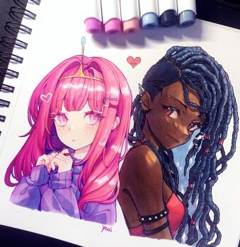 2girls :o absurdres adventure_time alternate_skin_color anny_(yoai) armlet art_tools_in_frame artist_name asymmetrical_hair bare_shoulders bat_earrings bat_wings black_hair blunt_bangs blush_stickers bow braid closed_mouth colored_eyelashes commentary crown dark-skinned_female dark_skin dress ear_piercing earrings english_commentary eyebrow_piercing eyelashes face_piercing fang fang_out fingernails forehead_piercing from_side gold_headband hair_ornament hairclip head_wings heart heart_hair_ornament highres humanization jewelry long_sleeves looking_at_another marceline_abadeer marker_(medium) mini_wings multiple_braids multiple_girls own_hands_together parted_lips photo_(medium) piercing pink_eyes pink_hair pointy_ears princess princess_bonnibel_bubblegum purple_sweater red_bow red_dress red_eyes ring shadow sleeveless sleeveless_dress smile spiked_armlet sweater traditional_media upper_body wings yuri