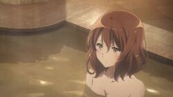Rule 34 | 1girl, animated, anime screenshot, bath, bathing, bathroom, breasts, brown eyes, brown hair, closed eyes, collarbone, completely nude, hibike! euphonium, highres, nude, oumae kumiko, partially submerged, small breasts, solo, sound, tagme, video, water