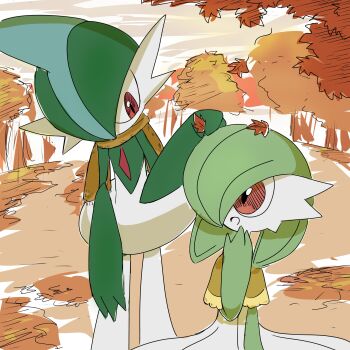 1boy 1girl autumn autumn_leaves bob_cut brown_capelet brown_scarf capelet clothed_pokemon colored_skin day eye_contact gallade gardevoir gen_3_pokemon gen_4_pokemon green_hair green_skin hair_over_one_eye hand_to_own_mouth hand_up happy leaf leaf_on_head leaning_forward looking_at_another mohawk monya multicolored_skin nintendo one_eye_covered open_mouth outdoors pokemon pokemon_(creature) red_eyes scarf short_hair sitting smile standing tree two-tone_skin white_skin