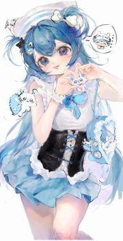 1girl absurdres animal_hat bag_charm black_corset blue_bag blue_eyes blue_hair blue_skirt blush bone_hair_ornament cameo cat_hat character_hair_ornament charm_(object) chiikawa corset cowboy_shot cross dress food-themed_hair_ornament hair_between_eyes hair_ornament hat hat_charm heart heart-shaped_bag heart_hands highres itabag looking_at_viewer momonga_(chiikawa) onigiri_hair_ornament open_mouth original painterly ruffian439 simple_background skirt solo tenshi_kaiwai two_side_up white_background white_dress yabi_fashion