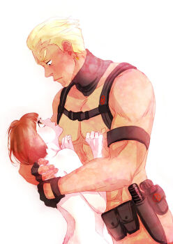 1boy 1girl bad_id bad_tumblr_id belt belt_pouch blonde_hair bloom brown_eyes brown_hair chest_harness gamagoori_ira harness holster hug kill_la_kill looking_at_another ma2 mankanshoku_mako messy_hair naked_belt nude nudist_beach_uniform pouch revealing_clothes shoulder_holster utility_belt white_background